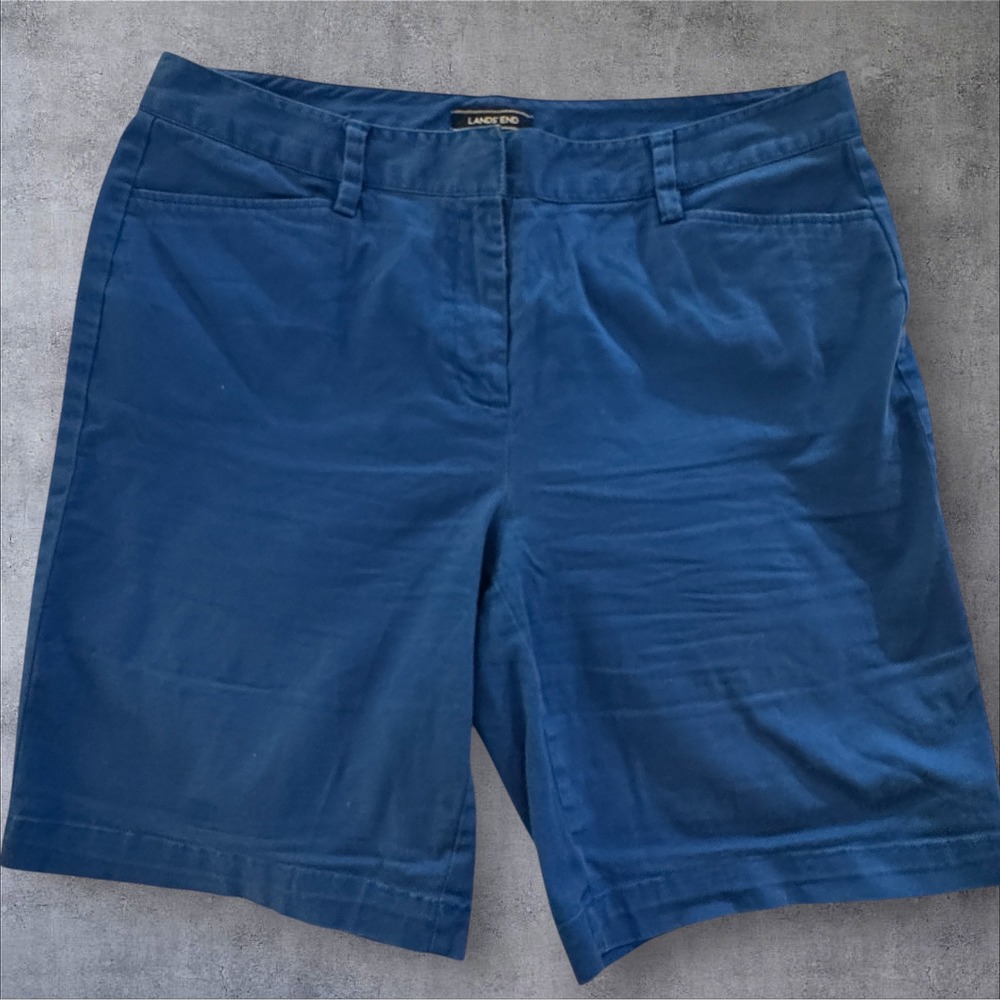 Lands' End Women's Chino Shorts Blue Cobalt Cotton Flat Front Mid-Rise Size 12